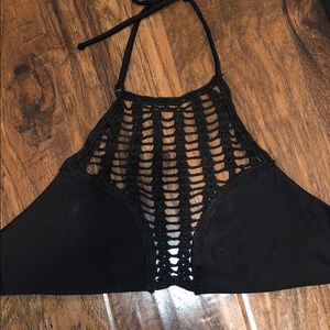 High neck black knitted bikini top